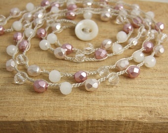 Crocheted Necklace 36 Inches with Cream Cord, Crystal, Lilac Pearl Czech Glass, and Dark Pink Czech Glass Beads SN-369