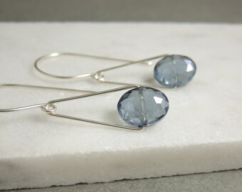 Earrings with Smokey Blue Crystal Glass Beads on Sterling Silver Triangles and Earring Wires CHE-366