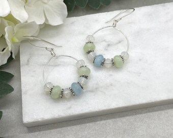 Earrings with Silver Loops, Blue and Green Jade, Bali Beads and Milky Crystal Beads CHE-468