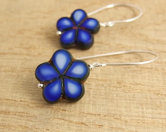 Earrings with Blue and White, Czech Glass Flower Beads Wire Wrapped with Sterling Silver Wire HE-388