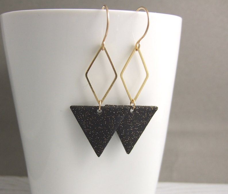 Black Polymer Clay and Brass Diamonds on 14k Gold Filled Earring Wires PCE-84 Earrings made with Triangles of Sparkly