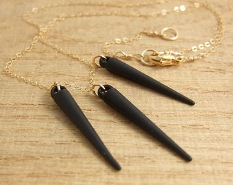 Necklace with Matte, Black, Metal Spike Beads Hanging from a 14 K Gold Filled Chain GCDN-18