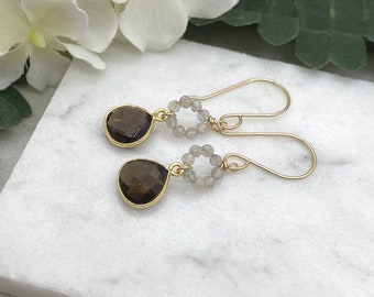 Earrings with Bezel Set Smokey Quartz Teardrops and Circles of Labradorite Stones on 14k Gold-Filled Earring Wires GCE-43