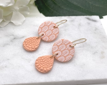 Earrings made with Peach Polymer Clay Circles with White Arches and Peach Textured Teardrops on 14k Gold Filled Earring Wires PCE-447