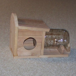 May include: A wooden feeder for small animals, with a clear glass jar attached to the side. The feeder has a small opening for the animal to access the food.