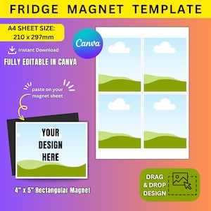Op de afbeelding: Een koelkastmagneet sjabloon met de tekst "FRIDGE MAGNET TEMPLATE". De sjabloon bevat een ontwerpgedeelte voor een rechthoekige magneet van 10,16 cm x 12,7 cm. De tekst "YOUR DESIGN HERE" is zichtbaar. De sjabloon is volledig bewerkbaar in Canva.