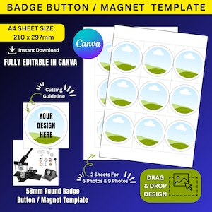 Puede incluir: Plantilla para botones y imanes redondos de 58 mm. El diseño incluye un tamaño de hoja A4 de 21,0 x 29,7 cm, con opciones para 6 o 9 fotos por hoja. La plantilla es totalmente editable en Canva.