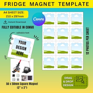 Op de afbeelding: Een sjabloon voor koelkastmagneten, ontworpen voor 12 foto's per vel. A4-formaat van 210 x 297mm, elke vierkante magneet meet 50 x 50mm. Volledig bewerkbaar in Canva, met drag & drop functionaliteit.