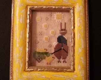 Cross Stitch Rabbit Spring Folk Art Bunny Baby Chicks Yellow Distressed Frame