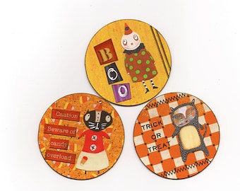 Halloween Artist Trading Coins, Artist Trading Coins & Envelopes (3), Mixed Media Art, Halloween Art