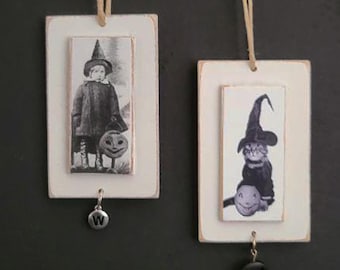 Halloween Ornaments, Witch Ornament, Black Cat Ornament, Primitive Halloween, Folk Art Halloween, 2 Halloween Ornament, Vintage Image, Witch