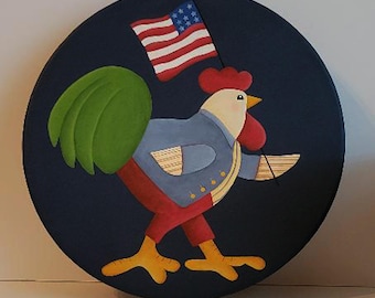 Hand Painted Chicken, Patriotic Chicken, Chicken Painting, Americana Chicken, Chicken Folk Art, Cock-a-Doodle Doooo, Paper Mache Box, July 4