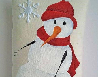 Snowman Pillow Hand Painted Snowman Snowflake Christmas Pillow Small Painted Pillow Christmas Art
