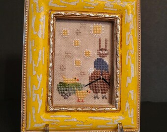 Cross Stitch Rabbit Completed Cross Stitch Spring Folk Art Bunny Baby Chicks Yellow Distressed Frame Basketful of Spring Time Brenda Gervais