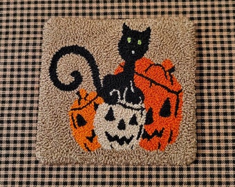Halloween Punch Needle Pattern "Three Pumpkins & Kitty", PDF Instant Download, Halloween Punch Needle Pattern