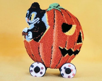 Punch Needle Pattern "Kitty's Pumpkin Car" - PDF Instant Download - Halloween Punch Needle Pattern