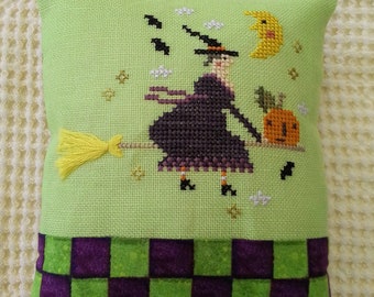 Cross Stitch Halloween, Finished Cross Stitch Witch Flying On Broom, Halloween Pillow, Folk Art Halloween