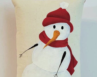 Snowman Pillow Hand Painted Christmas Snowman with Red Scarf Hand Painted Pillow