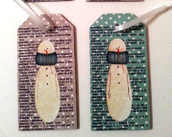 Snowman Ornaments (FOUR), Snowman Tag Ornaments, Mixed Media Snowman Ornaments, Four Snowmen Ornaments