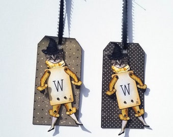 Halloween Cat Witch~Halloween Tags~Halloween Ornaments~Articulated Cat Witch~2 Ornaments