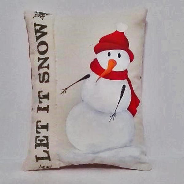 Snowman Pillow, LET IT SNOW, Hand Painted Snowman, Christmas Pillow Small Painted Pillow, Christmas Art, Snowman, Christmas Decoration