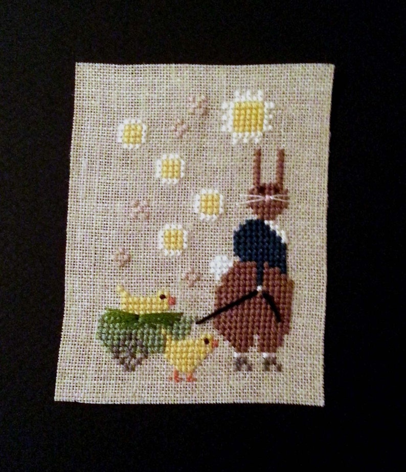 Cross Stitch Rabbit Spring Folk Art Bunny Baby Chicks Yellow Distressed Frame image 2