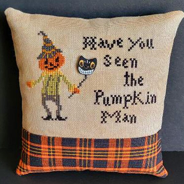 Cross Stitch Halloween Finished Cross Stitch Pillow Primitive Halloween Cross Stitch Small Pillow The Pumpkin Man