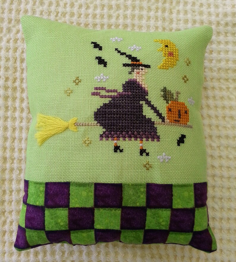 Cross Stitch Witch Flying On Broom ~ Halloween Cross Stitch ~ Finished Cross Stitch ~ Halloween Pillow ~ Folk Art Halloween