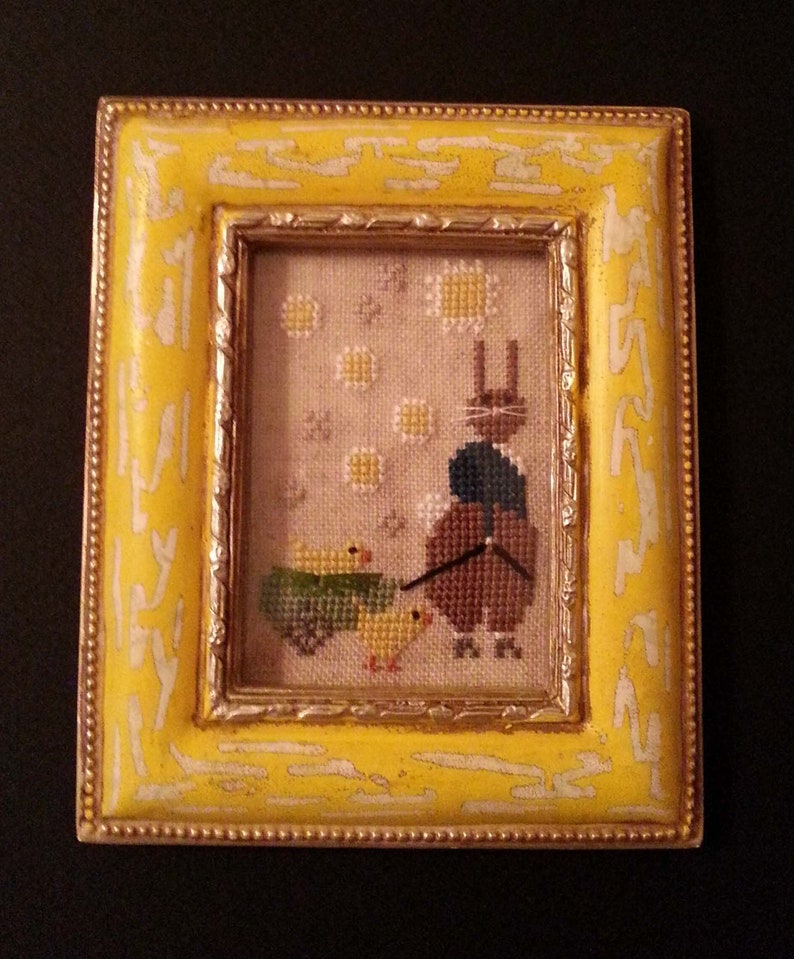 Cross Stitch Rabbit Spring Folk Art Bunny Baby Chicks Yellow Distressed Frame image 1
