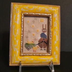 Cross Stitch Rabbit Spring Folk Art Bunny Baby Chicks Yellow Distressed Frame image 4