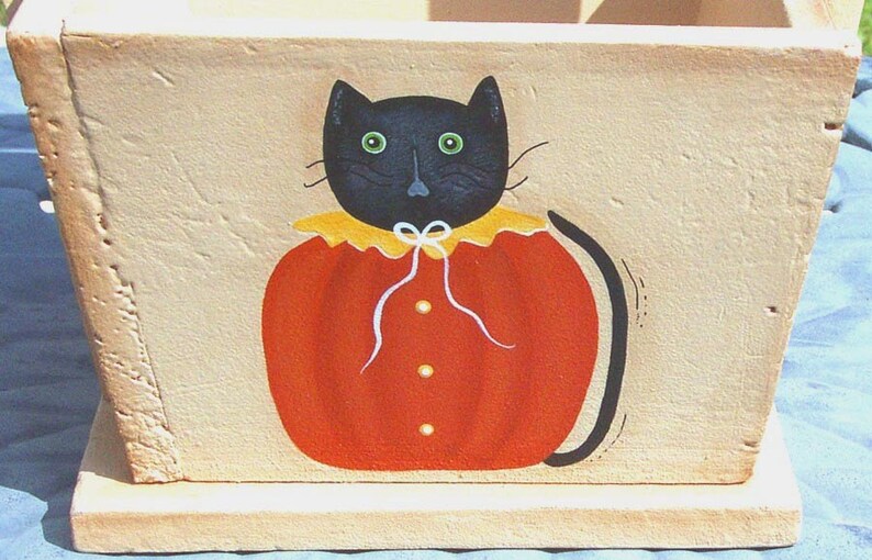 May include: A hand-painted wooden planter box with a black cat wearing a pumpkin costume. The cat has green eyes and a white bow tie. The planter box is painted in a light beige color.