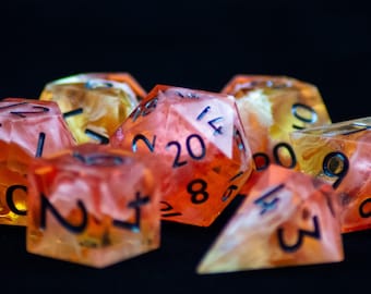 Handmade Sharp Edge Resin Dice Set: Gradient Red - Yellow Polyhedral Art Dice for TTRPG