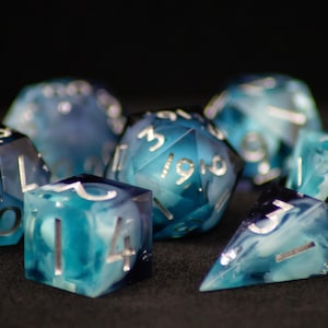 Handmade Sharp Edge Resin Dice Set: Eventide - Blue Gradient with Silver for D&D
