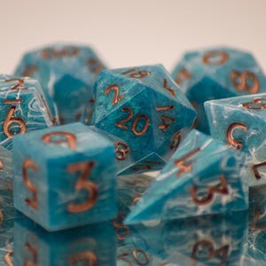 Handmade Sharp Edge Resin Dice Set: Endless - Peacock Blue and White, Bronze Ink