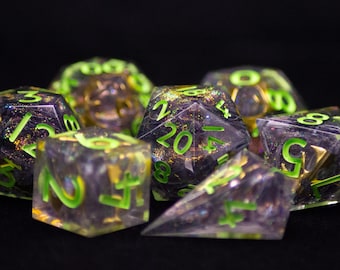 Handmade Sharp Edge Resin Dice Set: Earth Dragon Polyhedral Art Dice for D&D
