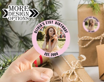 Etichette regalo personalizzate con foto per il 21° compleanno, adesivi per sacchetti regalo per il 21° compleanno, adesivi personalizzati per il 21° compleanno, decorazioni per il compleanno