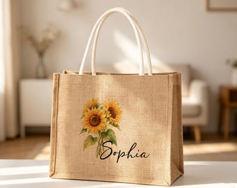 誕生月フラワー柄トートバッグ、彼女へのカスタム誕生日プレゼント、名前入りのかわいいキャンバストートバッグ、花嫁介添人ギフトバッグ