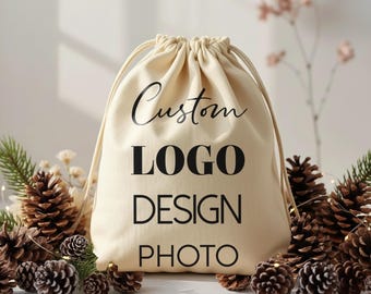 Custom Drawstring Bag, Personalized Favor Bag, Small Gift Sack, Party decor with Your Name or Logo, Holiday Gift Wrap, Reusable Cotton Pouch