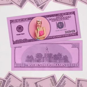 Custom 100 Pink Dollar Bill With Money Gun/Add Your Face on Money/Bachelorette Party Favors Bridal Shower Games/Homecoming Campaign Money