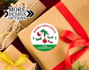 Personalisierte Grinchmas Geschenkanhänger/Weihnachtsgeschenk Aufkleber/Von Santa Aufkleber/Witzige Etiketten/Grinchmas Aufkleber