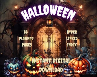 Könnte beinhalten: Digitaler Halloween-Planer mit Kürbislaternen und dem Wort "Halloween" in leuchtender lila Schrift. Das Bild enthält den Text "66 Planerseiten", "Hyperlinked Index" und "Sofortiger digitaler Download". Die Kürbisse sind orange, grün und blau.