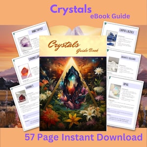 Könnte beinhalten: Eine farbenfrohe digitale Illustration eines Kristall-Ratgebers mit einer 3D-Darstellung eines Kristalls in der Mitte. Der Buchumschlag trägt den Text "Crystals Guide Book". Das Bild zeigt auch mehrere Seiten aus dem Buch, jede mit einem anderen Kristalltyp mit einer Beschreibung und einem Bild.