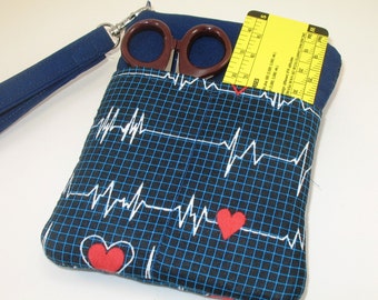 Nurse or Doctor Pocket Organizer Zip Close with options of cross body strap or wristlet.  Made to Order- Calling all Nurses Fabric