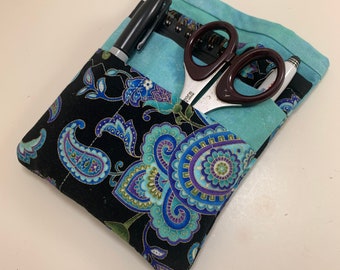 Nurse or Doctor Pocket Organizer - Made to order in two sizes - Black and Teal Paisley Print