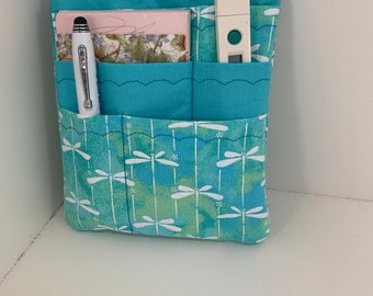 Nurse scrubs pocket organizer, purse organizer, lab coat pocket organizer - Aqua dragonflies - Made to Order- choose from two sizes