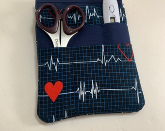 Nurse scrubs pocket organizer, purse organizer, lab coat pocket organizer -White or Navy Heartbeat fabric - Made to order
