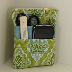 Nurse or Doctor Pocket Organizer With zipper- Green and Blue Damask Print- Made to Order in Two sizes