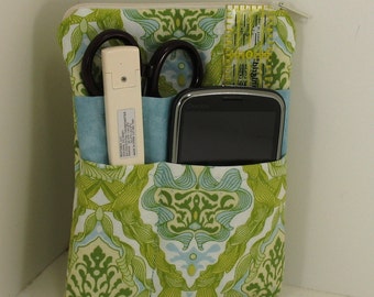 Nurse or Doctor Pocket Organizer With zipper- Green and Blue Damask Print- Made to Order in Two sizes