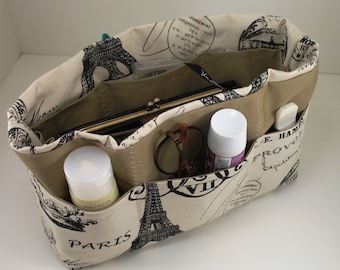 Purse Organizer Insert  - Paris Postcard Print- Extra Large pictured- 5 sizes avaiable with options.- Choice of lining color