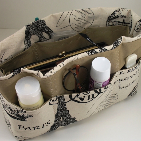 Purse Organizer Insert  - Paris Postcard Print- Extra Large pictured- 5 sizes avaiable with options.- Choice of lining color